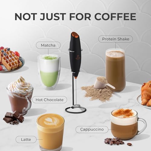 Zulay Kitchen Powerful Milk Frother Wand - Ultra Fast Handheld Drink Mixer - Electric Whisk Foam Maker for Coffee, Lattes, Cappuccino, Frappe, Matcha & Coffee Creamer - Milk Boss Black & Copper