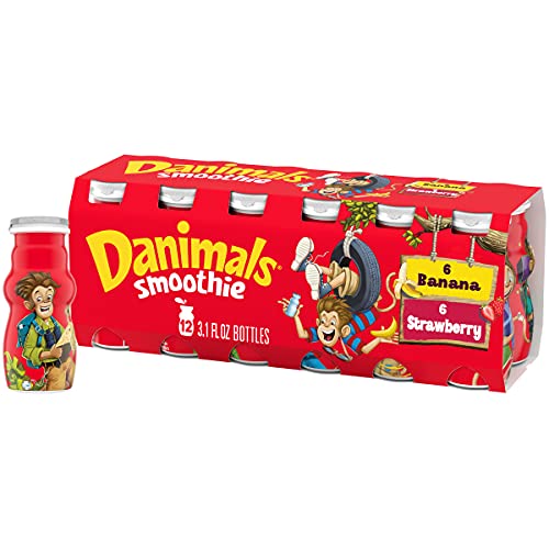 Danimals Smoothie Strawberry Explosion and Banana Split Dairy Drink Multi-Pack, Easy Snacks for Kids, 12 Ct, 3.1 OZ Smoothie Bottles