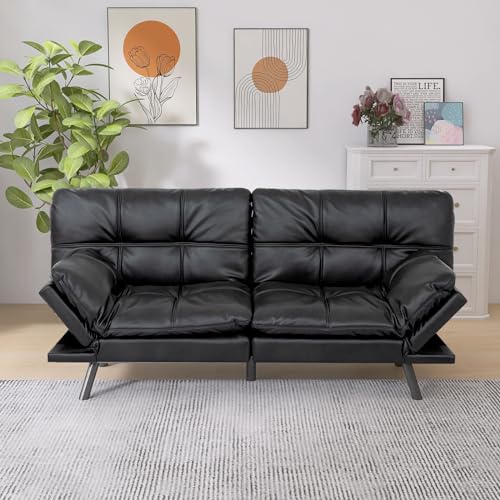 Convertible Futon Sofa Bed Couch,Memory Foam Futon Couch Bed,Loveseat Sleeper Sofa Bed,Small Splitback Faux Leather Modern Sofa Couch for Living Room,Office,Apartment,Matte Black