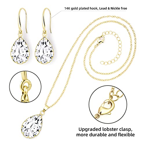 Linawe Crystal Jewelry Sets for Women, Diamond Pendant Necklace, Rhinestone Drop Dangle Earrings, Matching Wedding Jewelry, Birthstone Cubic Zirconia, 14K Gold/Rose Gold/Silver Tones