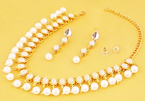Touchstone Indian Bollywood Charming Mughal Kundan Faux Pearls Hangings Classic Single Line Designer Jewelry Necklace Set In Gold Tone For Women.