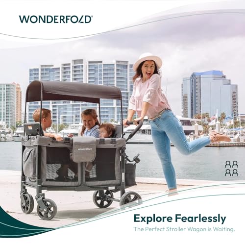 WONDERFOLD W4 Original Quad Stroller Wagon (4 Seater) - Collapsible Wagon Stroller with Seats with 5-Point Harnesses, Easy Access Zipper Door, and Removable Sun Canopy, Gray