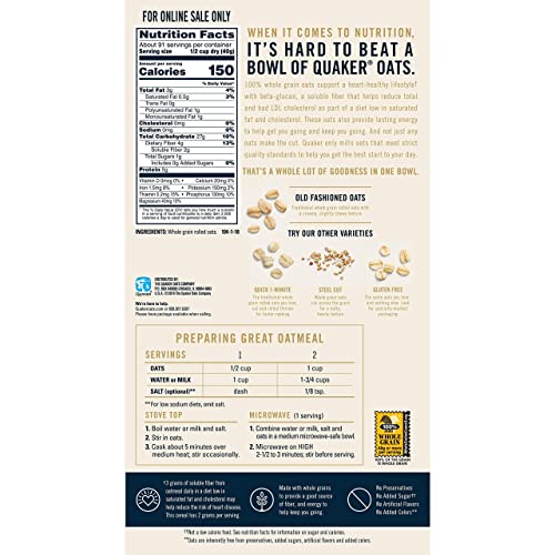 Quaker Old Fashioned Rolled Oats, Non GMO Project Verified, Two 64oz Bags in Box, 90 Servings, 4 Pound (Pack of 2)