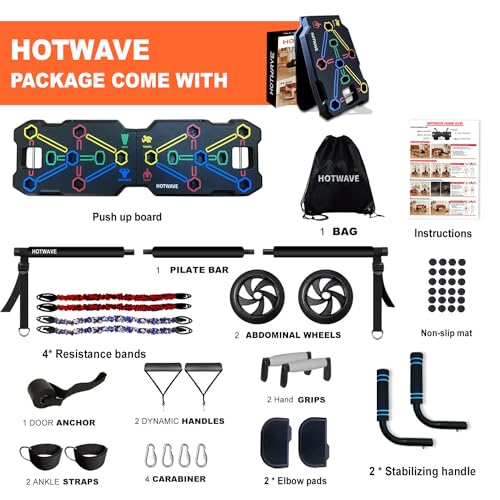 HOTWAVE Portable Workout Equipment with 20 Gym Accessories.Push Up Board &Plank,Resistance Bands with Ab Roller Wheel,Full Body Exercise at Home For Men and Women
