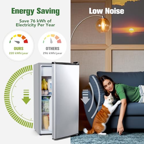 3.2 Cu.Ft Mini Fridge for Bedroom Office Dorm, Small Refrigerator Freezer, Mini Compact Fridge with Adjustable Thermostat, Low Noise, Energy Saving, Sliver