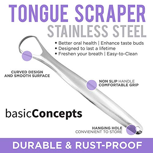 Tongue Scraper for Adults (2 Pack), Reduce Bad Breath (Travel Cases Included), Stainless Steel Tongue Cleaners, 100% Metal Tongue Scraper with Case Fresh Breath Tongue Cleaner Oral