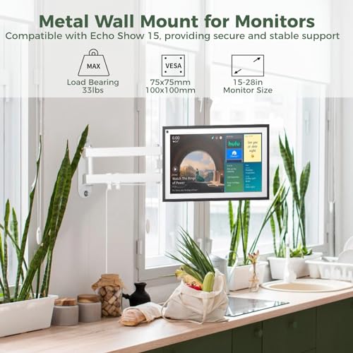 Full Motion Wall Mount for Echo Show 15, Monitor Wall Mounting Bracket for 15-28 Inch Monitors TVs, Swivel and Tilt 360 Rotate Wall Mount for Alexa Echo Show 15, Adjustable and Extendable