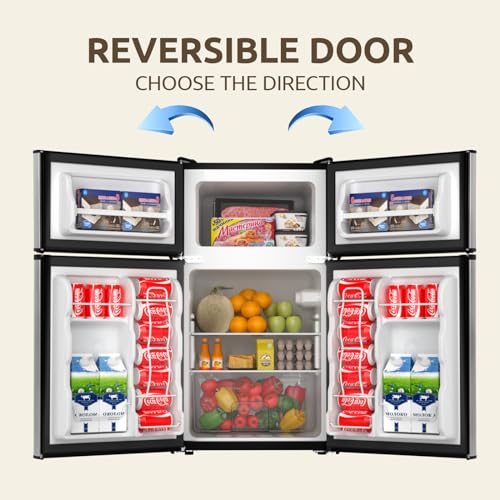 BANGSON Mini Fridge with Freezer, 3.2 Cu.Ft Compact Refrigerator, 5 Settings Temperature Adjustable, Low Noise Refrigerator, 2 Door Mini Fridge for Apartment, Home, Office and Dorm, Silver