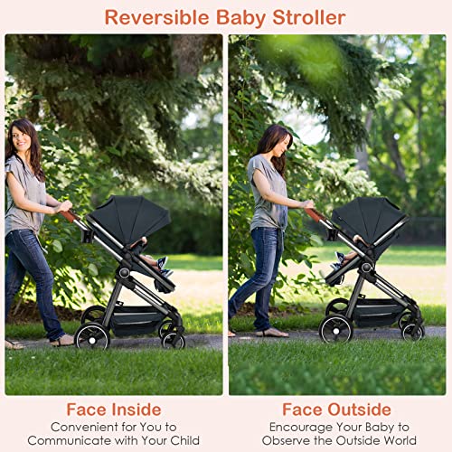 INFANS 2 in 1 High Landscape Convertible Baby Stroller, Newborn Reversible Bassinet Pram, Foldable Pushchair with Adjustable Canopy, Aluminum Structure, 5-Point Harness for Infant Toddler (Black)