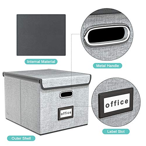 Huolewa Upgraded Portable File Organizer Box with Lid with Plastic Slide, Decorative Collapsible Linen Hanging Home/Office Filing System Box for File and Folders Storage (Gray)
