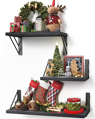 BAYKA Wall Shelves for Bedroom Decor, Floating Shelves for Wall Storage, Wall Mounted Rustic Wood Shelf for Books,Plants,Small Wall Shelf for Bathroom,Kitchen,Living Room(Black，Set of 3)
