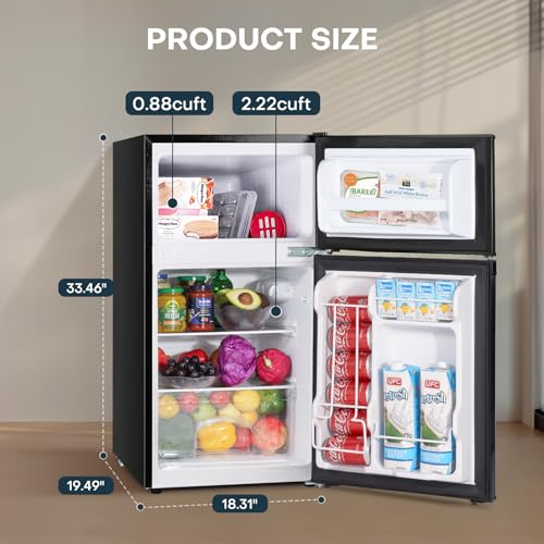 Upstreman 3.1 Cu.Ft Mini Fridge with Freezer, Double Door Mini Fridge, Adjustable Thermostat, Energy Saving, Mini Fridge for Office, Dorm,Bedroom, Stainless