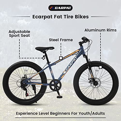 GOWE S24109 Elecony 24 Inch Fat Tire Bike Adult/Youth Full 7 Speeds Mountain Bike, Dual Disc Brake, High-Carbon Steel Frame, Front Suspension, Mountain Trail Bike, Urban Commuter City Bicycle