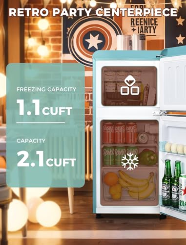 3.2 Cu.Ft Compact Refrigerator Mini Fridge with Freezer, Retro Double Door Small Fridge, 7 Level Thermostat Removable Shelves, Small Refrigerator for Dorm, Office, Bedroom, Blue