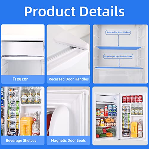 BANGSON Mini Fridge with Freezer, 3.2Cu.Ft, Reversible Door Mini Fridge, 5 Adjustable Temperatures, 38dB Low Noise, Small Refrigerator for Bedroom, Office, and Dorm, White…
