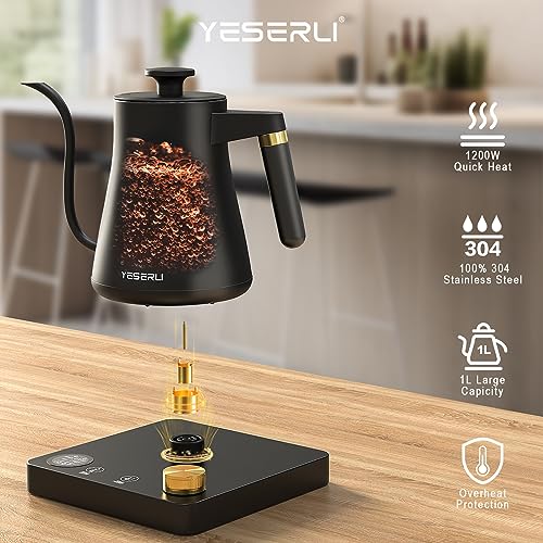 1200W Gooseneck Kettle with ±1℉ Temperature Control,Pour Over Electric Kettle for Coffee & Tea,Digital Display,4 Temp Preset,12H Keep Warm,100% Stainless Steel,Rapid Heating,1L,Matte Black
