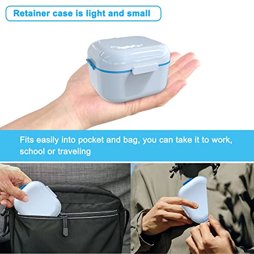 BVN Denture Case Denture Cup for Soaking Dentures Retainer Cleaner Case with Mirror Mouth Guard Case False Teeth Container White Blue