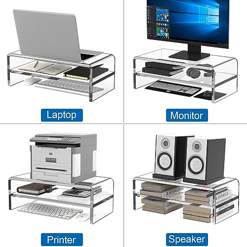 Clear Acrylic Monitor Stand Riser 2 Tier, 5.12 Inches High Clear Computer Desk Organizer Shelf for Multi Media PC Storage Laptop