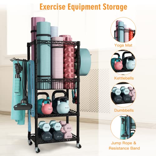 Home Gym Storage, 3 Tiers Workout Equipment Organizer with Wheels for Yoga Mats, Foam Roller, Dumbbells, Kettlebells, and Resistance Bands