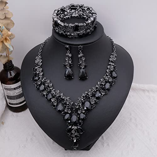 CSY Elegant Crystal Costume Jewelry Sets Flower Bridal Necklace Earrings Stretch Bangle Set for Bride Bridesmaid Wedding Dress Accessories