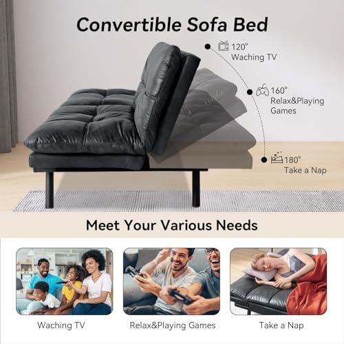 Convertible Futon Sofa Bed Couch,Memory Foam Futon Couch Bed,Loveseat Sleeper Sofa Bed,Small Splitback Faux Leather Modern Sofa Couch for Living Room,Office,Apartment,Matte Black