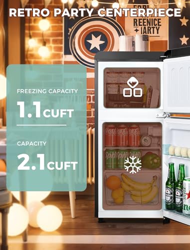 3.2 Cu.Ft Compact Refrigerator Mini Fridge with Freezer, Retro Double Door Small Fridge, 7 Level Thermostat Removable Shelves, Small Refrigerator for Dorm, Office, Bedroom, Black