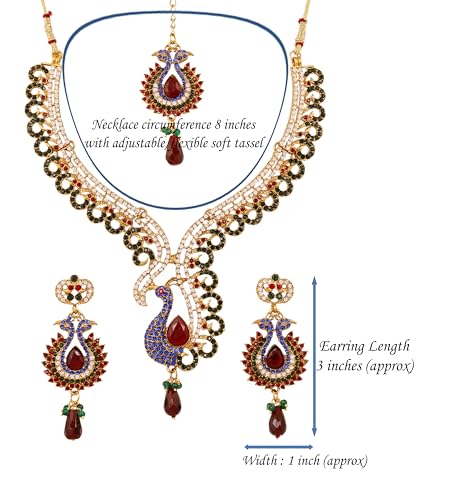 Touchstone Indian Bollywood White Rhinestone Blue Faux Sapphire deep red Faux Ruby and Faceted Glass Drops Ethnic Peacock Motif Bridal Designer Jewelry Necklace Set for Women in Antique Gold Tone