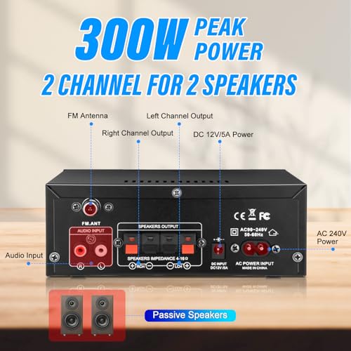 AK45 Stereo Audio Amplifier,300W Home 2 Channel Wireless Bluetooth 5.0 Power Amplifier System, Home Amplifiers FM Radio, USB, SD Card, with Remote Control Home Theater Audio Stereo System