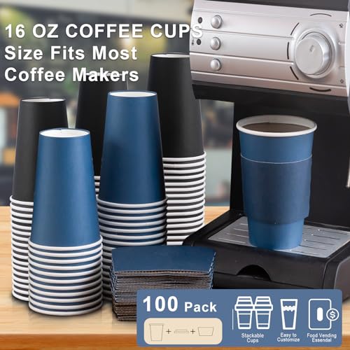 100 Pack 16 oz Disposable Coffee Cups with Lids and Sleeves, To Go Paper Cups,Hot & Cold Drinks Cups for Tea, Coffee, Water, Hot Chocolate, Paper Coffee Cups Ideal for Home,Cafes,Restaurant,Store