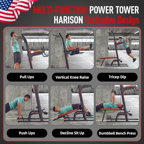 HARISON Multifunction Power Tower with Bench Pull Up Bar Dip Station for Home Gym Workout Strength Training Fitness Equipment