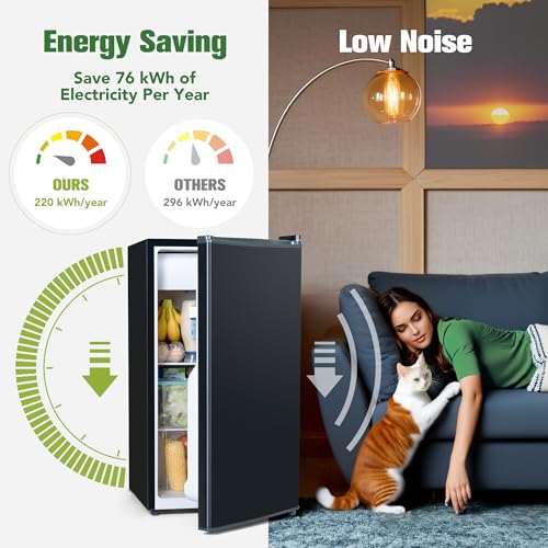 Small Refrigerator with Freezer, 3.2 Cu.Ft, Mini Fridge with Freezer, 7 Settings Temperature Adjustable, Single Door, Compact Refrigerator for Bedroom, Office, Dorm, Black