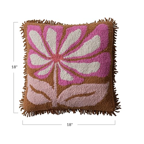 Creative Co-Op, Pink Cotton Punch Hook Pillow with Flower and Fringe, Brown, Natural, Square