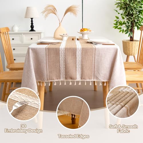 EMART Table Cloth for Rectangle Tables, Cotton Linen Waterproof Tablecloth with Tassels for Kitchen Dining Decoration, Rustic Style Tablecloth - Coffee Stripes, 55" X 70", 4-6Seats