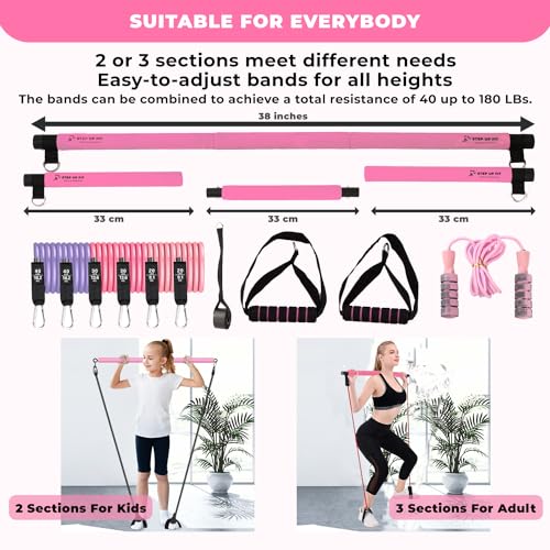 Multipurpose 3-Section Yoga Pilates Bar Set with Resistance Bands and Jump Rope | Travel-Friendly Home Gym Equipment for Men and Women of All Heights | Complete Body Fitness Workout Set