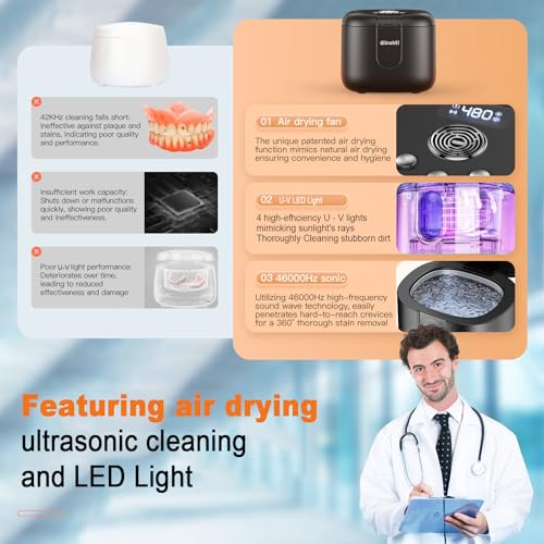 Ultrasonic Retainer Cleaner, Upgraded with LED Light and Air Drying Functionality, 46kHz High Power Professional Portable Retainer Cleaner Machine for Dentures, Retainer, Aligner, Braces, Mouth Guard