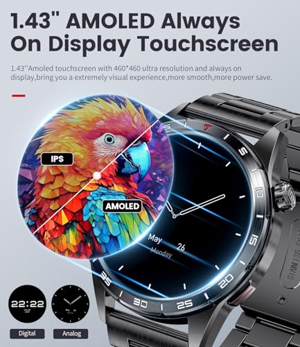 Smart Watch for Men (3 Straps) Answer/Make Calls,1.43'' AMOLED Always-on Display,110+ Sports Modes Fitness Watch with Sleep Monitor/SpO2/Heart Rate/Pedometer IP68 Waterproof Rugged Smartwatch Black