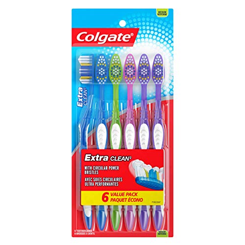Colgate Extra Clean Toothbrush, Medium Bulk Toothbrush Pack, Adult Medium Bristle Toothbrushes with Ergonomic Handle and Circular Cleaning Bristles, Helps Remove Surface Stains, 6 Pack