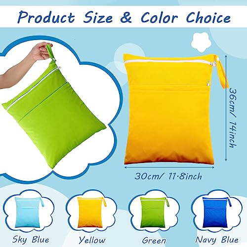4 Pcs Wet Dry Bag for Baby Cloth Diapers Waterproof Wet Bag Washable Travel Bag Reusable Cloth Diaper Bag with 2 Pocket Toddler Swim Wet Bag for Travel Beach Pool (Sky Blue, Yellow, Green, Navy Blue)