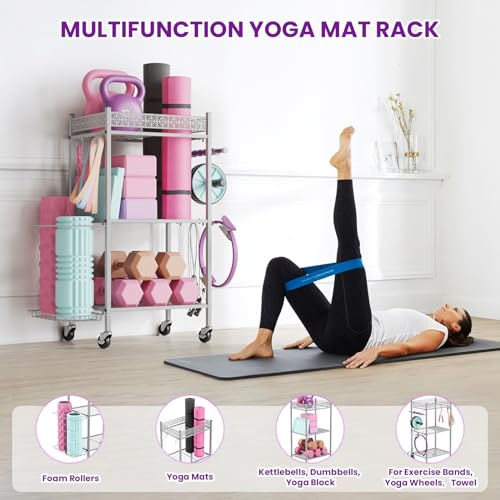 VOPEAK Yoga Mat Storage Rack, Home Gym Storage Rack Yoga Mat Holder, Workout Storage for Yoga Mat, Foam Roller, Gym Organizer Gym Equipment Storage for Home Exercise and Fitness Gear (Metal)