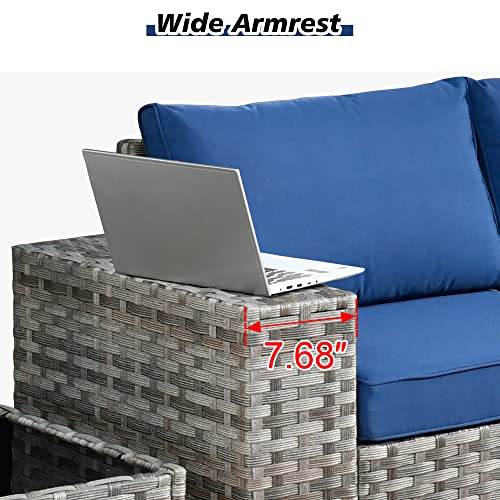Outdoor Patio Sectional Furniture Sofa Set with Propane Fire Pit Table,13 Piece Large Modern Wicker Couch with Widened Armrest,Modular L Shaped Conversation Seating Set(Navy Blue)