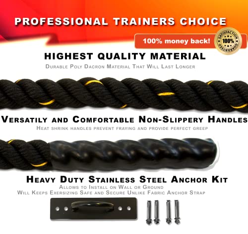 Battle Ropes with Anchor Kit, Perfect Workout Ropes for Home Gym or Outdoor. Poly Dacron Exercise Rope for Professional, 30 ft x 1.5