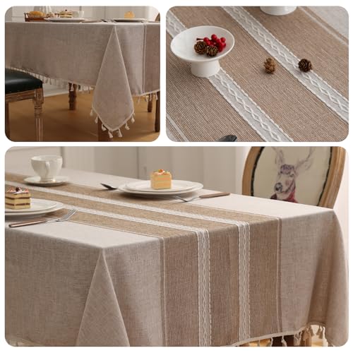 EMART Table Cloth for Rectangle Tables, Cotton Linen Waterproof Tablecloth with Tassels for Kitchen Dining Decoration, Rustic Style Tablecloth - Coffee Stripes, 55" X 70", 4-6Seats