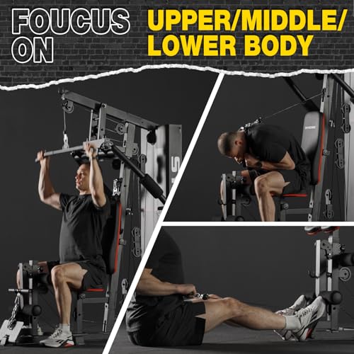 Home Gym Station, 150LB Weight Stack Multifunctional Home Gym Equipment for Full Body Strength Training Workout, LAT Pulldown Pulley System, Chest/Leg Exercise and Preacher Curl Fitness