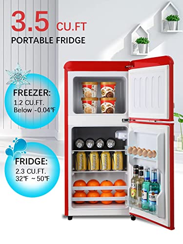 KRIB BLING 3.5Cu.Ft Compact Refrigerator with 7 Level Thermostat, Mini Fridge with Freezer, 2 Door Portable Fridge with Removable Glass Shelves, Suitable for Kitchen, Apartment, Dorm, Bar Red