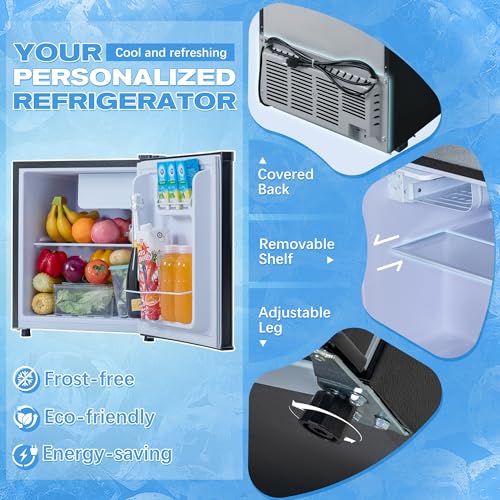 1.7 Cu.Ft Small Fridge for Bedroom Office, Small Refrigerator with Freezer, Auto Defrost, Low Noise, Energy Saving, Compact Refrigerator for Bedroom, Office, Dorm, Black