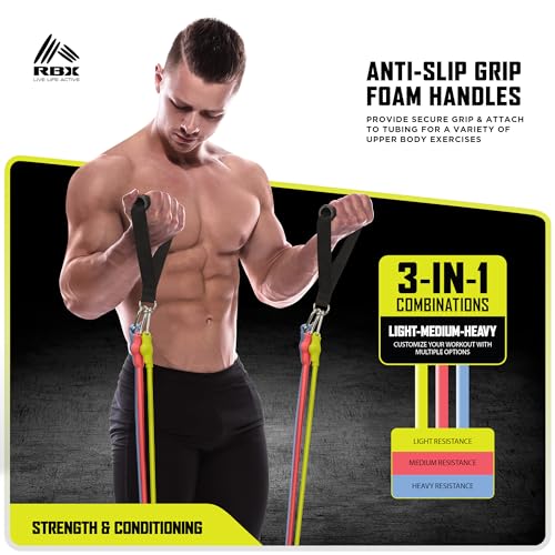 RBX 6 Piece Home Gym Resistance Kit - Light, Medium, Heavy Resistance Bands, Grip Handles, Door Anchor, Ankle Strap & Carry Bag