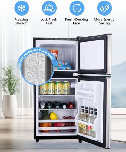 3.5 Cu.Ft Mini Fridge with Freezer, Double Door Mini Fridger with 7 Level Adjustable Thermostat, Mini Refrigerator with interior LED light, Perfect for Dorm, Office, Bedroom＆RV, Silver