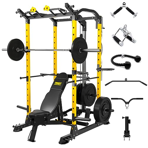 2024 Upgraded T2 Power Cage Muti-Function Power Rack with Lat Pulldown System Squat Rack with Weights and Bar Set for Home Gym with Unique Training Attachment