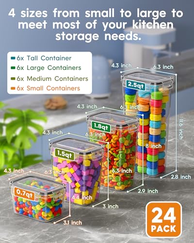 24 PCS Airtight Food Storage Containers with Lids, Kitchen Pantry Organization and Storage, BPA-Free Plastic Scale Food Canisters for Cereal, Flour, Sugar, Dry Food, Include Labels & Marker