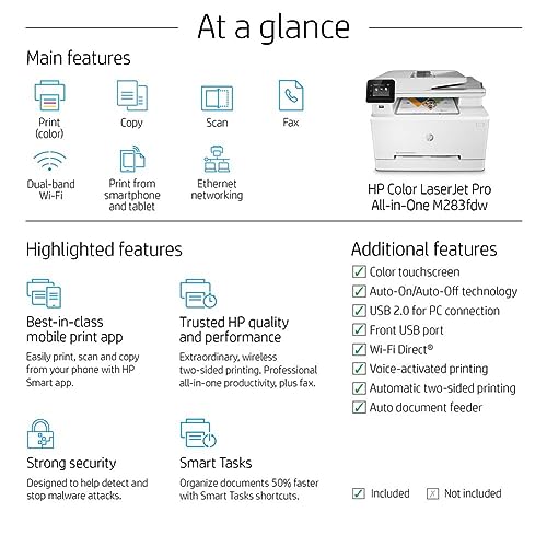 HP Color LaserJet Pro M283fdw Wireless All-in-One Laser Printer, Remote Mobile Print, Scan & Copy, Duplex Printing, Works with Alexa (7KW75A), White